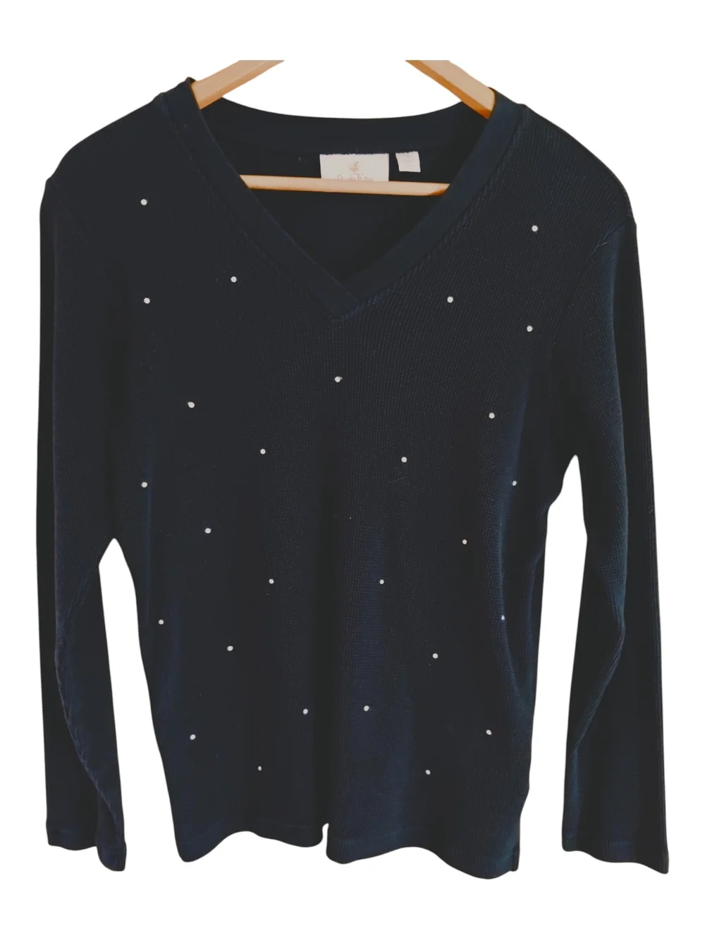 Quacker Factory Black Waffle Knit V-Neck Long Sleeve Sweater with Rhinestone